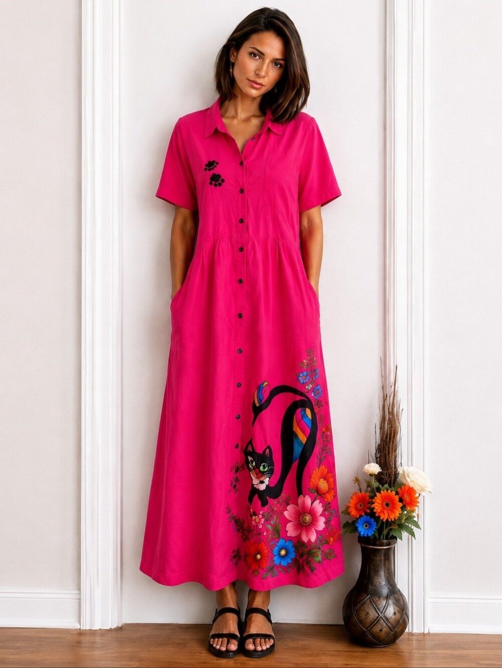 Vintage Iris 80's Colourful Pink Cat Print Maxi Dress | 100% Cotton Pockets Tall